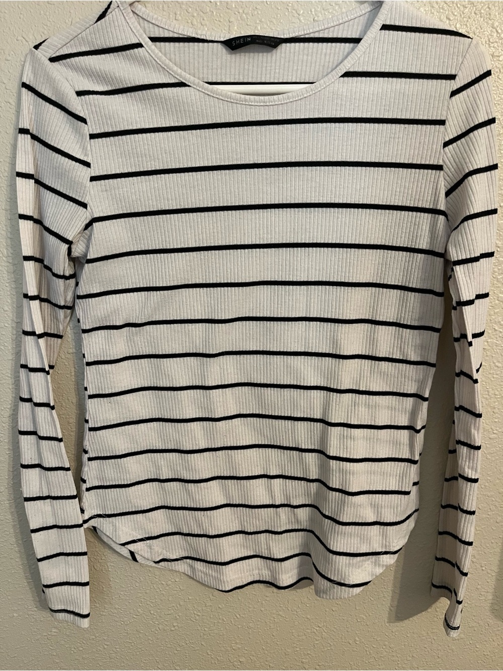 SHEIN White Black Striped Ribbed Long Sleeve Tee